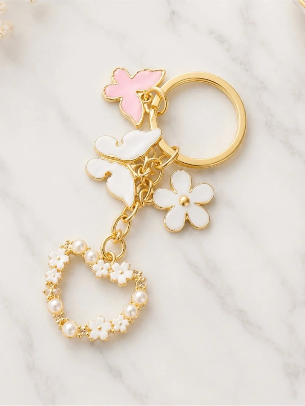 Bag Charm/Keyring-Pink & White Floral Heart Keychain-Gold Plated